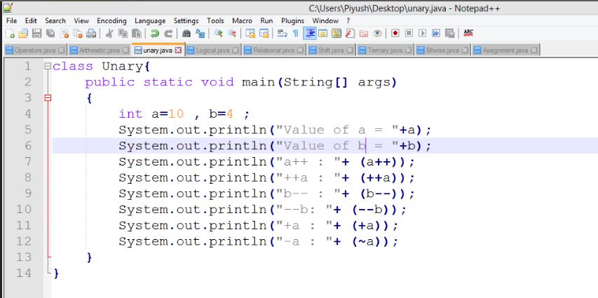 This image describes a sample program of unary operators in java.